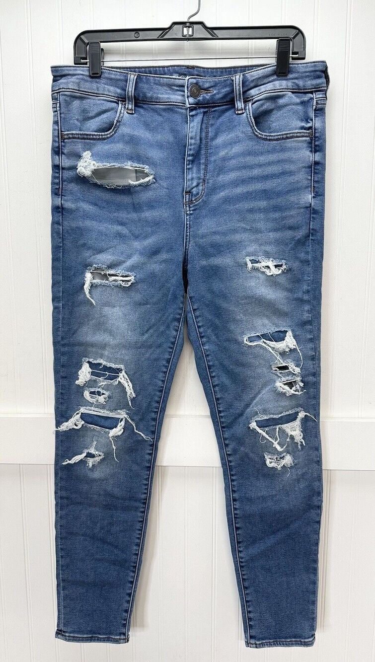 American Eagle Jeans 14 Jegging Hi Rise Next Level Blue Denim Distressed Patches